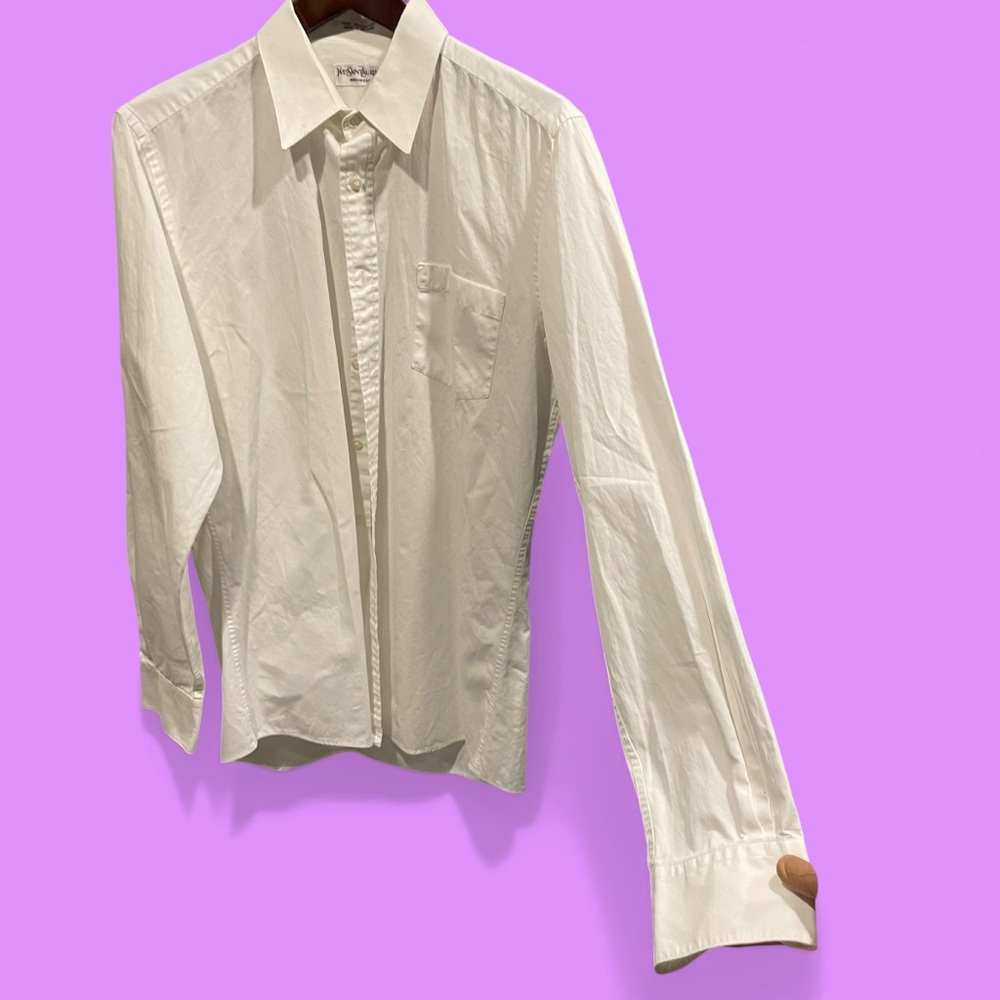 Mens classic YSL vintage 80s cotton tuxedo collar white shirt pocket